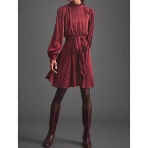 Anthropologie Jacquard Leopard Dress Burgundy Open Back Tie Waist Womens S Party